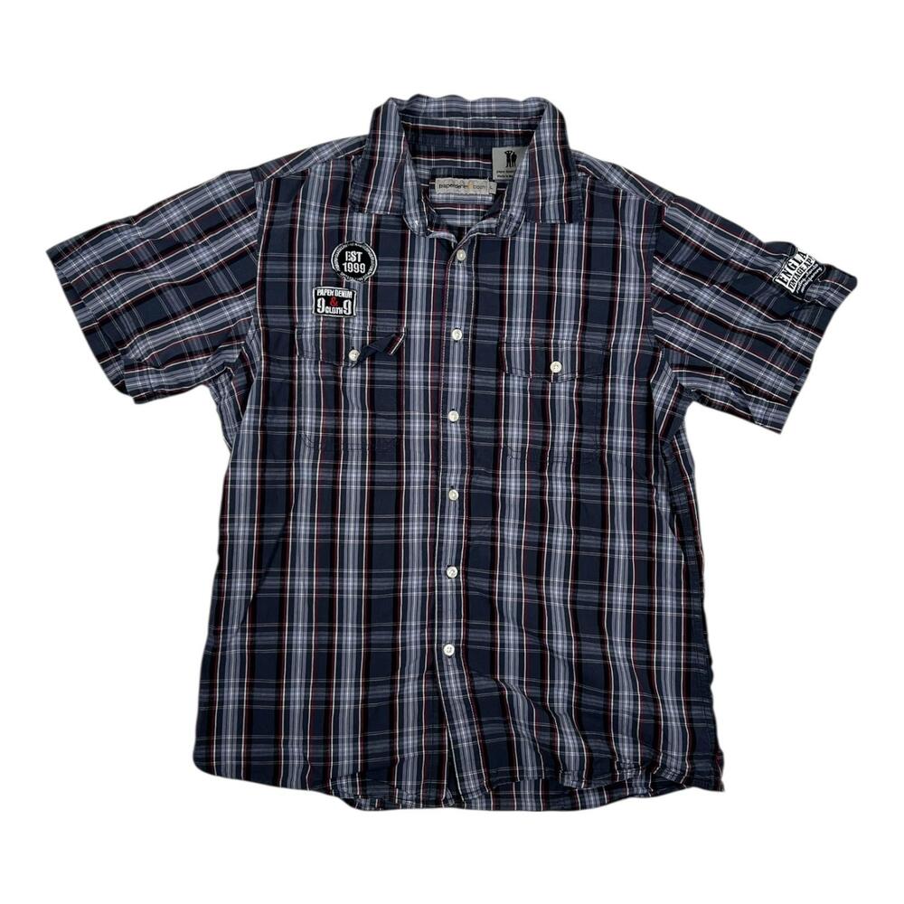 Paper Denim & Cloth Shirt Mens Large Blue Plaid Short Sleeve Button Front Casual